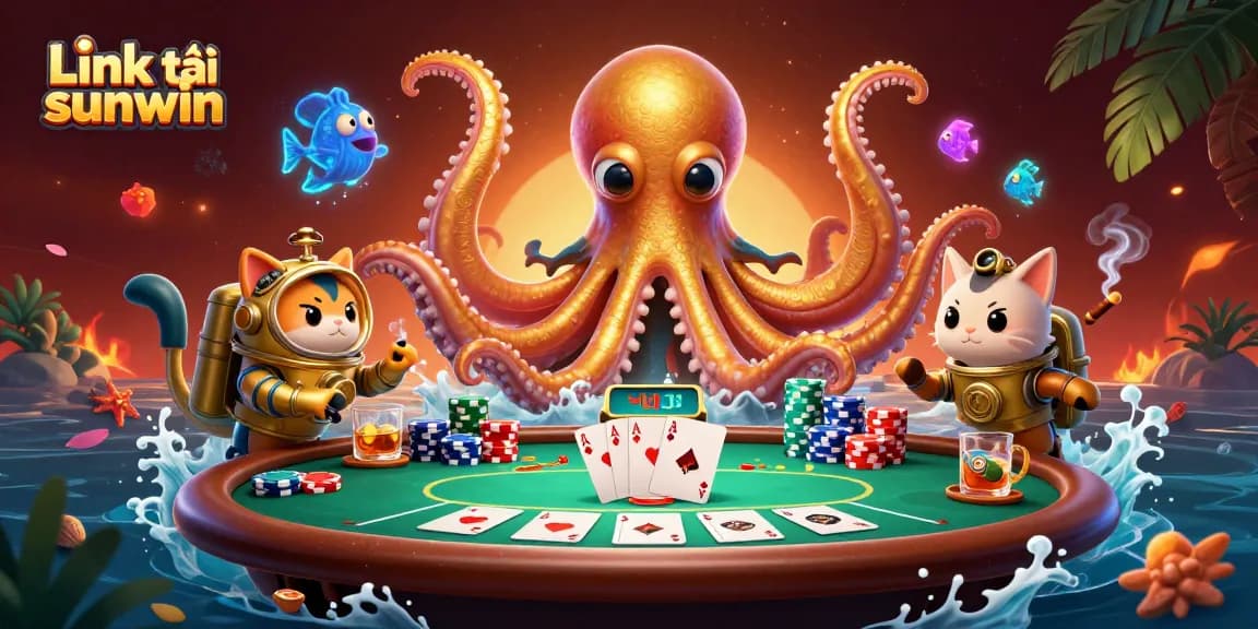 Experience the thrill of casino games with the Link tải sunwin illustration showing a kraken, diving cat, and poker elements.