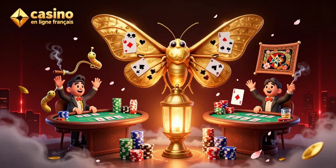 Illustration captivante de casino en ligne français avec un papillon atlas et des jeux de poker.