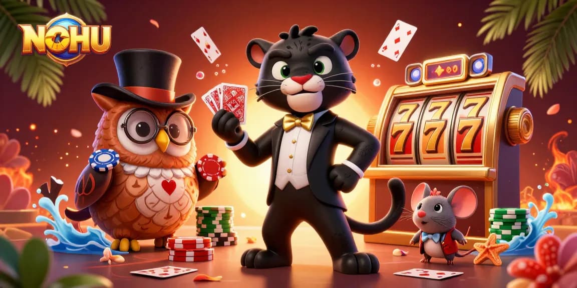 Join the action at NOHU Casino with a stylish panther dealer and lucky characters among vibrant slot game elements.