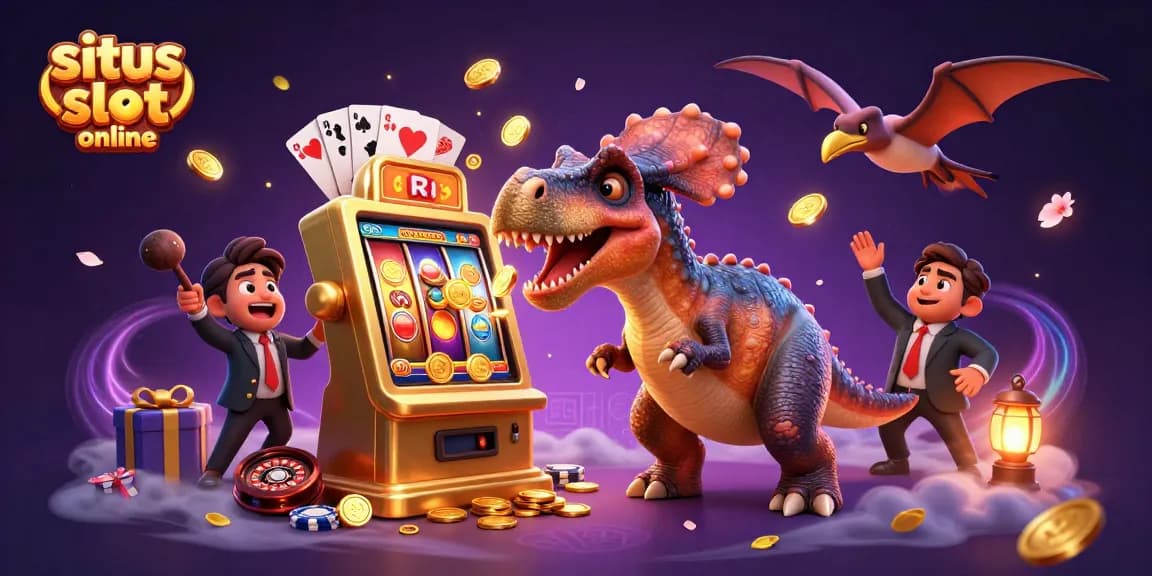 Visualisasikan situs slot online dengan dinosaur kartun menabrak mesin slot, mengeluarkan koin jackpot.