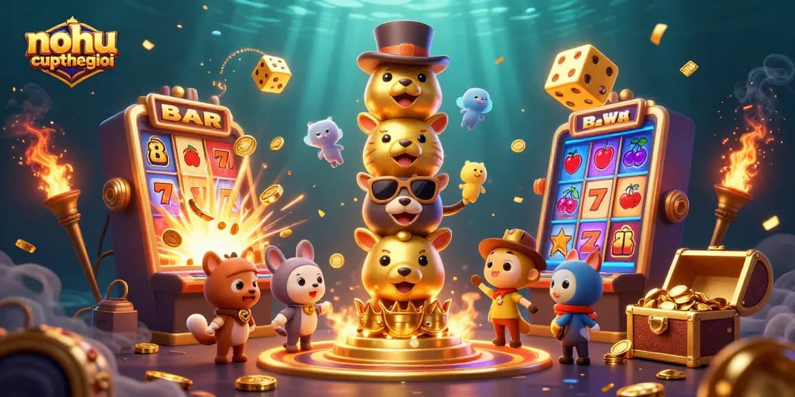 Catch the excitement of nohu-cupthegioi as golden totems and slot machines create vibrant casino energy.