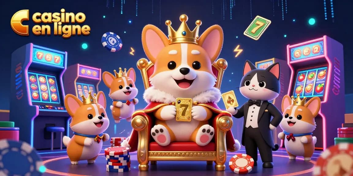 Casino en ligne : illustration d'un corgi royal sur son trône de jetons, avec un majordome chat et des machines colorées.