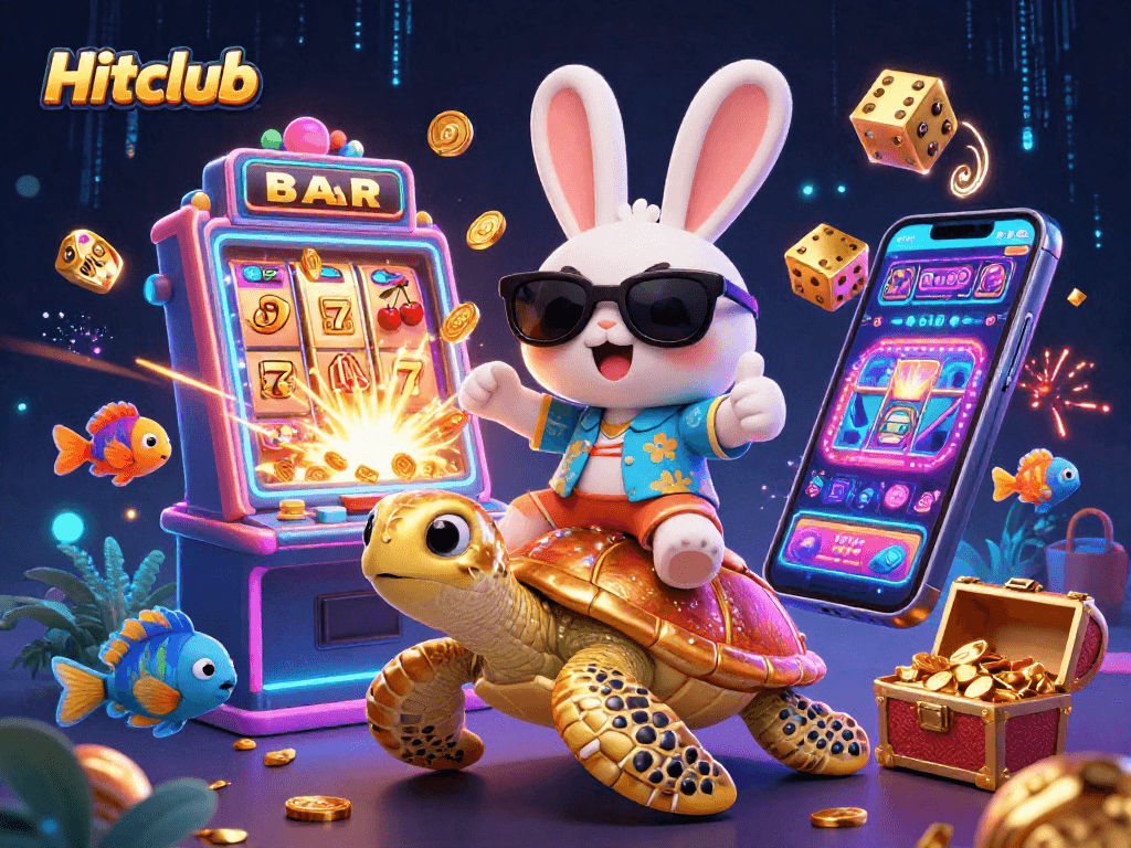 Hitclub captures the excitement of a jackpot explosion with colorful slot and casino elements.