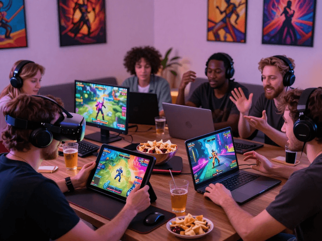 Engaged players enjoying interactive sex games on various devices in a cozy setting