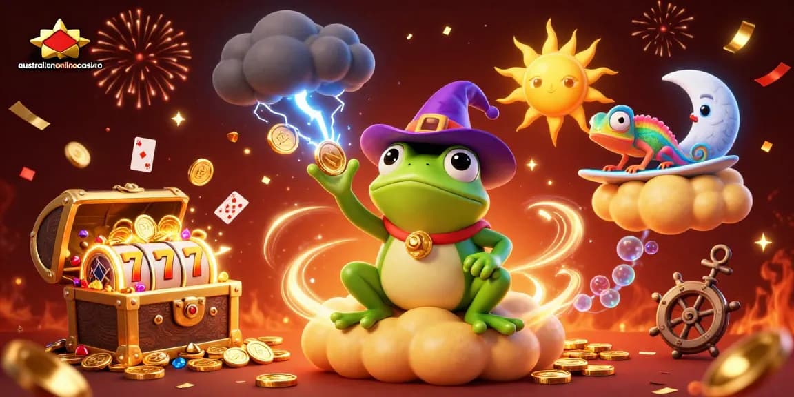 A vibrant illustration of a wizard frog and chameleon at an australianonlinecasino, surrounded by gold coins and celebrating.
