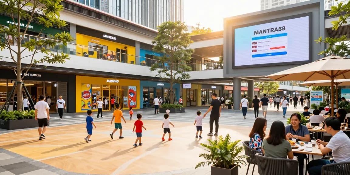 MANTRA88 login showcased in a vibrant commercial plaza filled with visitors enjoying various activities.