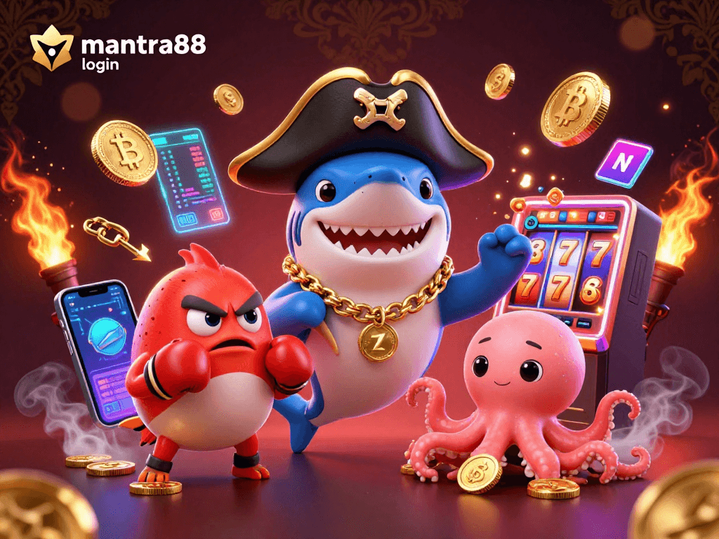 Engage in thrilling gaming action with mantra88 login, featuring a pirate shark, pufferfish, and octopus.