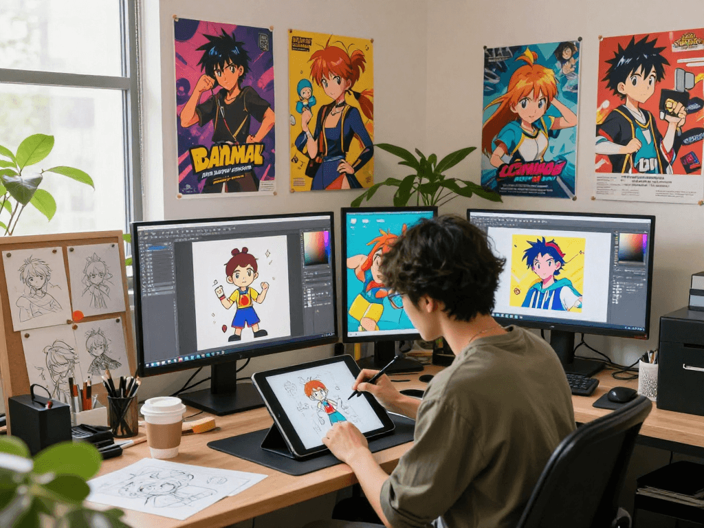 Engaging ai hentai chat illustration with artist creating anime characters in a colorful studio.