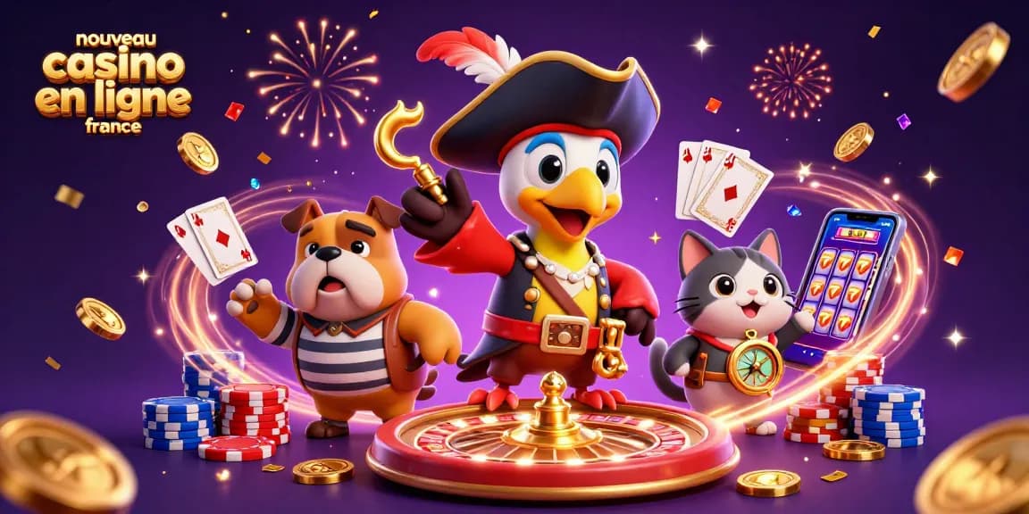 Illustration dynamique d'un nouveau casino en ligne en France avec des pirates, des cartes et des pièces d'or.