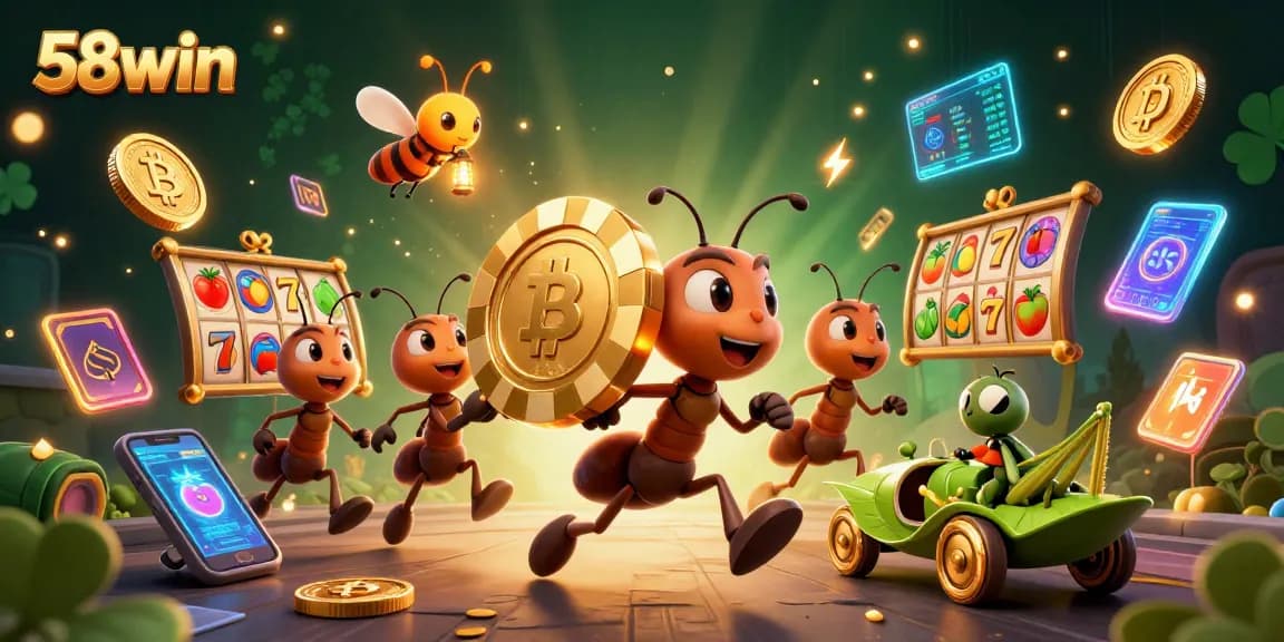 Engage with 58win's vibrant casino scene featuring ants, poker chips, and dynamic slot game elements.