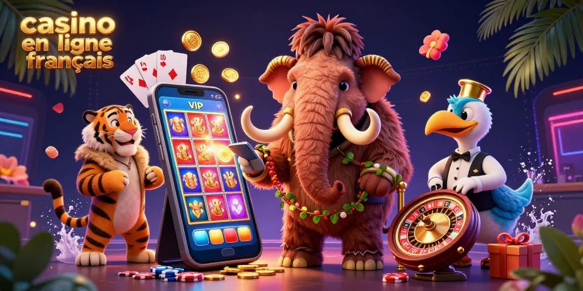 Visitez un casino en ligne français animé avec un mammouth et un tigre VIP, entouré de jeux colorés.
