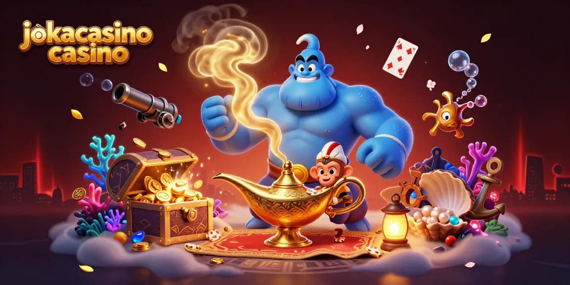 Engage in exciting gaming at jokacasino casino with vibrant genie and poker-themed elements.