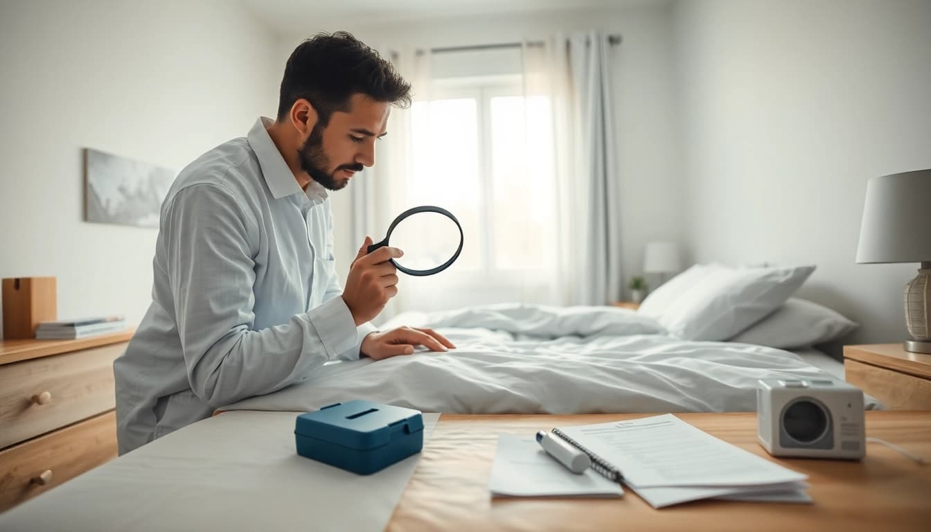 Engaging bed bug removal technician inspecting a bed in a bright, tidy bedroom.