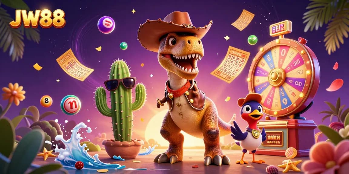 JW88 casino scene featuring a T-Rex, a cactus, and a roadrunner in a vibrant environment filled with winning symbols.