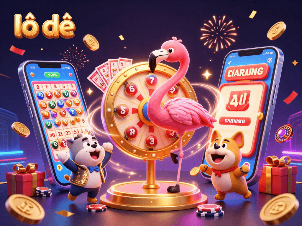 Engaging lô đề scene showcasing a game show host flamingo and a bulldog contestant with confetti and coins.