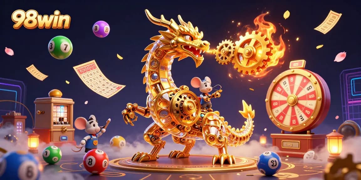Experience thrilling gameplay at 98win with a vibrant assortment of gaming elements like spinning prize wheels.