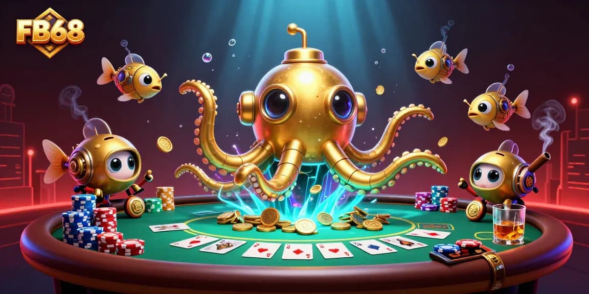 Engage in thrilling gameplay at FB68 with colorful poker chips and dynamic 3D golden kraken illustration.