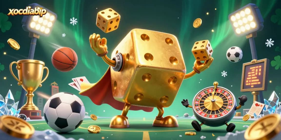 xocdiabip features a golden dice golem alongside dynamic sports betting elements in a vibrant casino scene