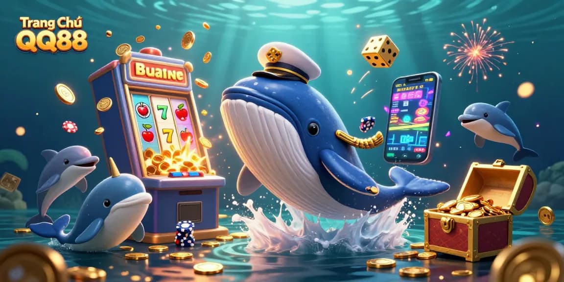 Experience thrilling wins on Trang Chủ QQ88 with a vibrant underwater casino scene featuring joyful characters.