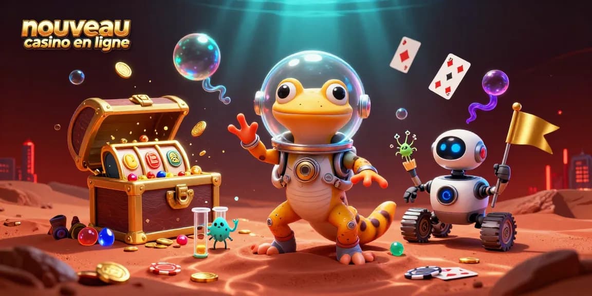Illustration d'un nouveau casino en ligne avec un gecko martien découvrant un casino doré, entouré de jeux de casino.