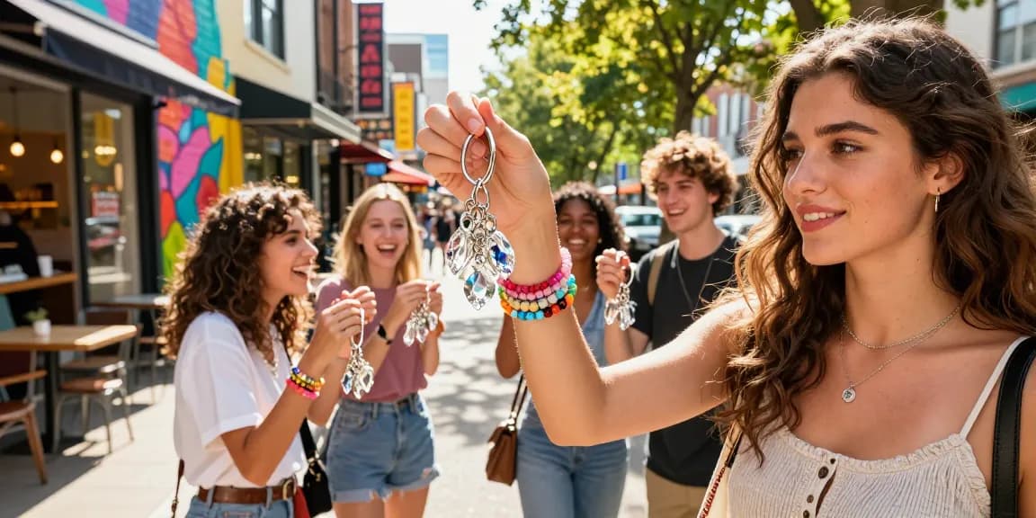 Stylish young woman showcasing a sparkling diamond keychain in a trendy urban setting.
