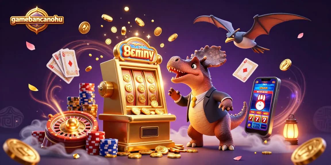gamebancanohu showcases a pachycephalosaurus hitting a slot machine, raining coins in a vibrant casino scene