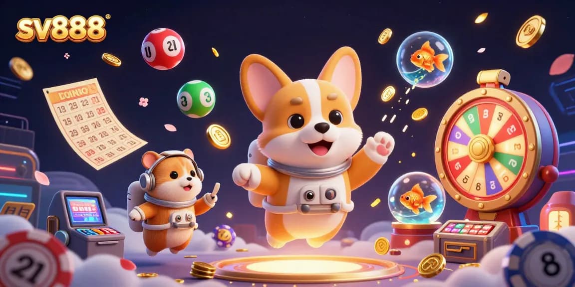 Play exciting games at sv888 with a 3D cartoon astronaut corgi and fun floating casino elements.
