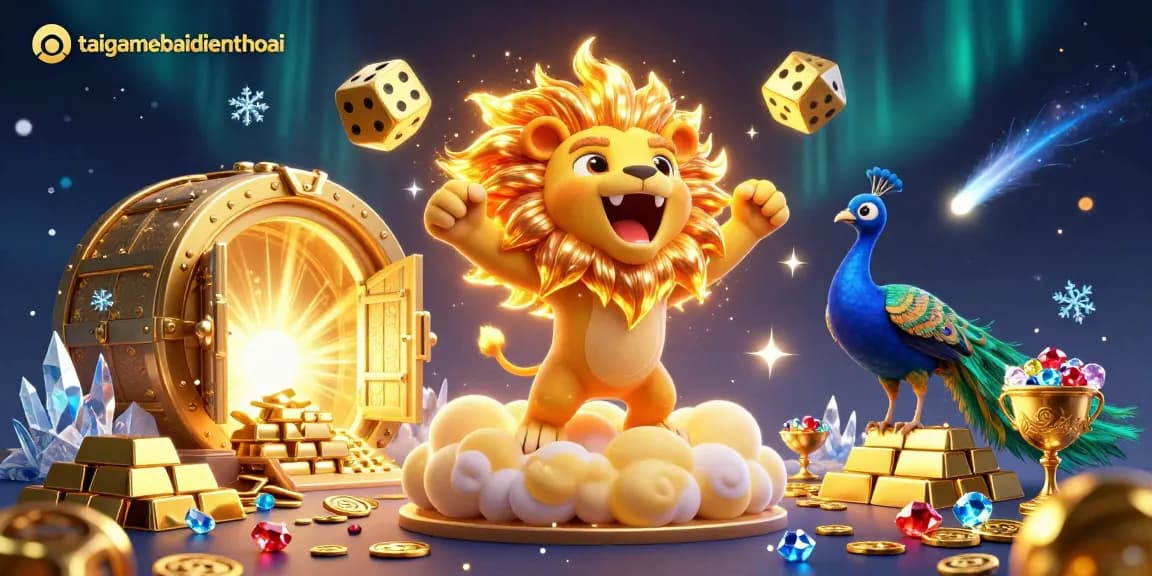 Engage with taigamebaidienthoai's vibrant gaming scene featuring a lion, golden dice, and peacock.