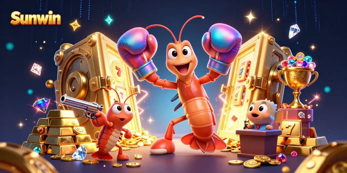 Sunwin showcases a vibrant 3D scene with a mantis shrimp and gambling elements, emphasizing excitement.