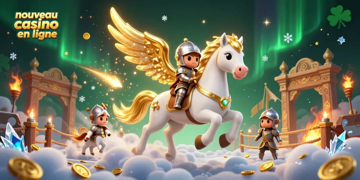 Découvrez l'univers dynamique du nouveau casino en ligne avec un cheval céleste et des éléments de jeu fascinants.