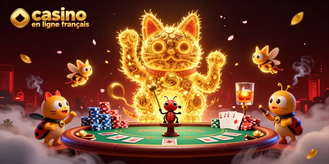 Jouer à casino en ligne français avec un chat chanceux animé entouré de jetons et cartes de poker.