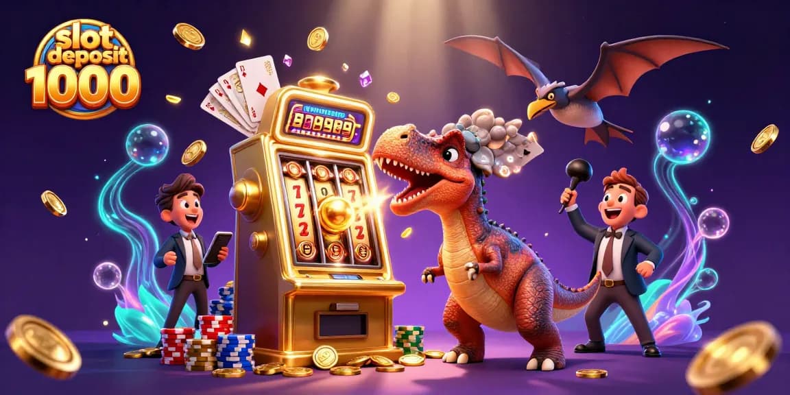 Slot deposit 1000 yang menggambarkan dinosaurus kartun mengadu mesin slot untuk jackpot, penuh koin emas