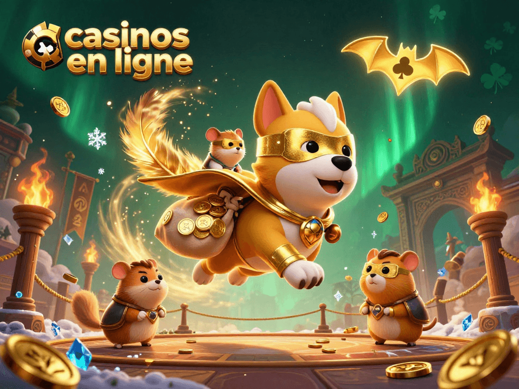 Jouez aux casinos en ligne avec des personnages animés, pièces d'or autour d'eux.