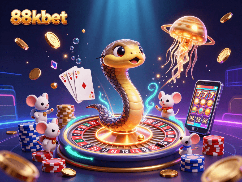 Experience thrilling gambling with 88kbet showcasing a cosmic snake roulette and astronaut mice betting.