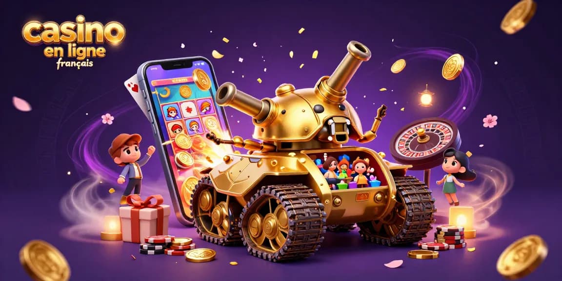 Visitez notre casino en ligne français avec un tank en or rempli de jeux, éclats de confettis et pièces.