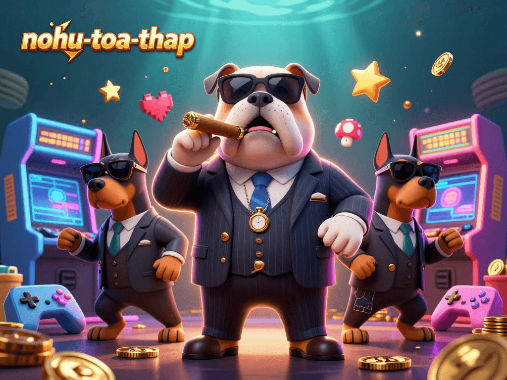 Engage in thrilling gameplay with nohu-toa-thap, where vibrant game elements surround a cartoon mafia boss.