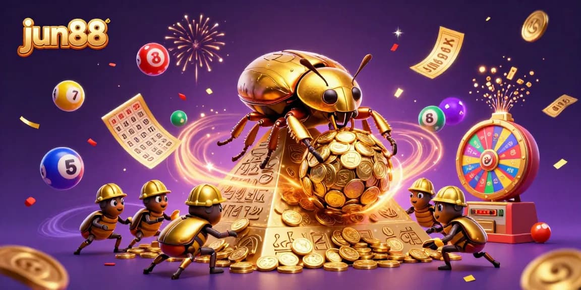 Play and win with jun88 while the golden beetle rolls coins in a vibrant casino illustration.