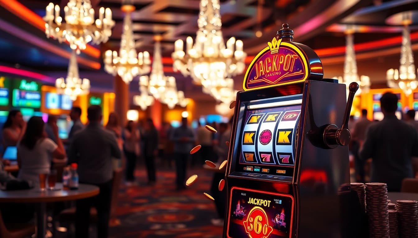 Slot jackpot on a vibrant casino machine surrounded by cheering players and bright lights.