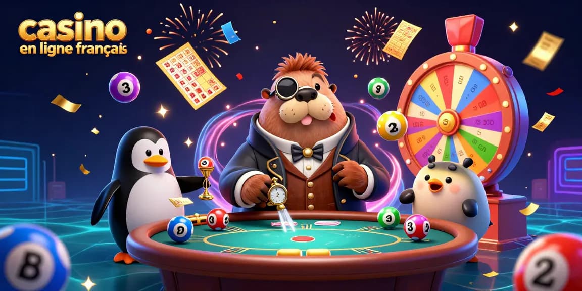 Jouer à un casino en ligne français avec un morse caricatural, un pingouin et un poisson-globe autour d'une table de poker sous-marine
