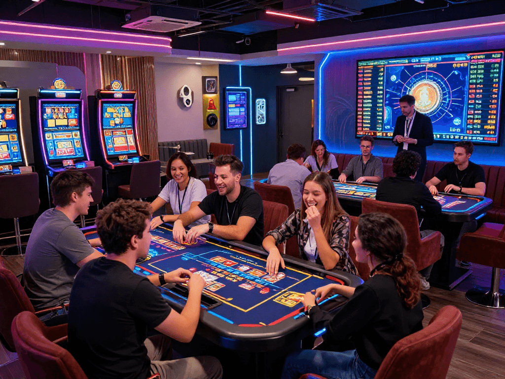 Exciting crypto casino scene with diverse players enjoying high-tech gaming tables, vibrant atmosphere, and digital displays