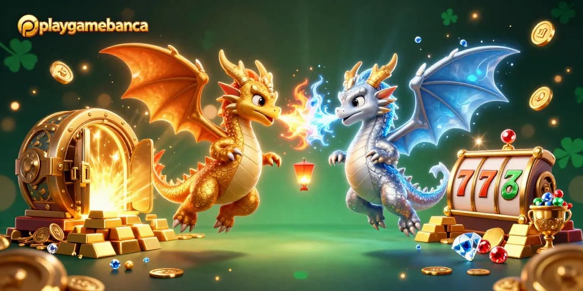 Engage with playgamebanca in a vibrant 3D scene featuring gold and silver dragons amid colorful gaming elements.