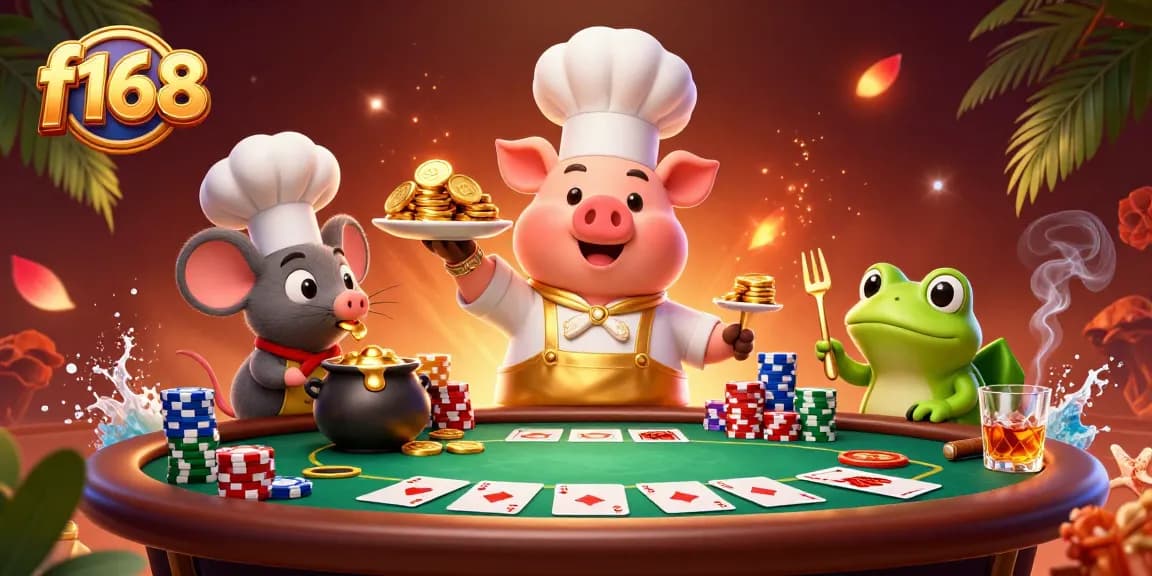 Experience the thrill of f168 with cartoon characters enjoying a vibrant casino scene filled with gold and poker.