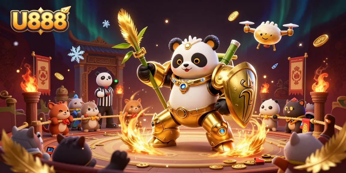 Experience vivid gameplay with U888 in a lively 3D casino arena filled with dynamic characters and elements.