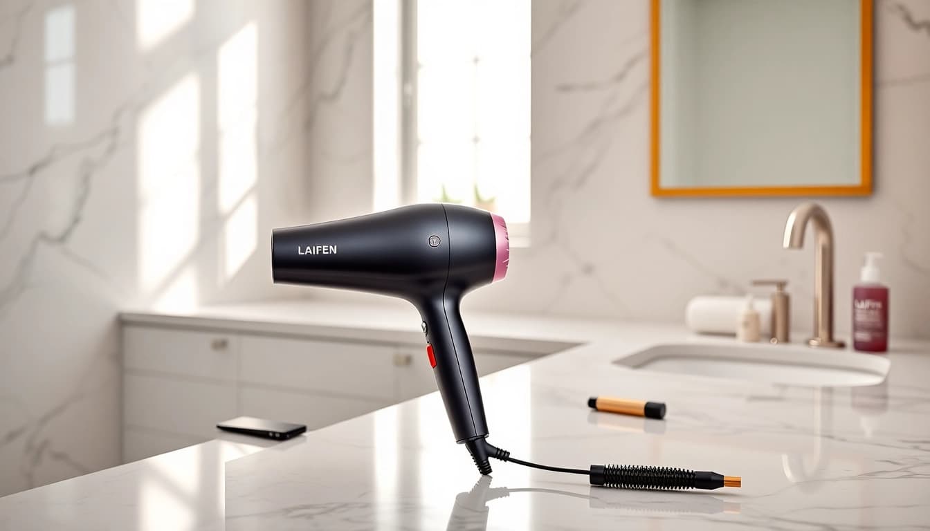 Stylish Laifen blow dryer elegantly displayed in a modern bathroom setting, showcasing design and quality.