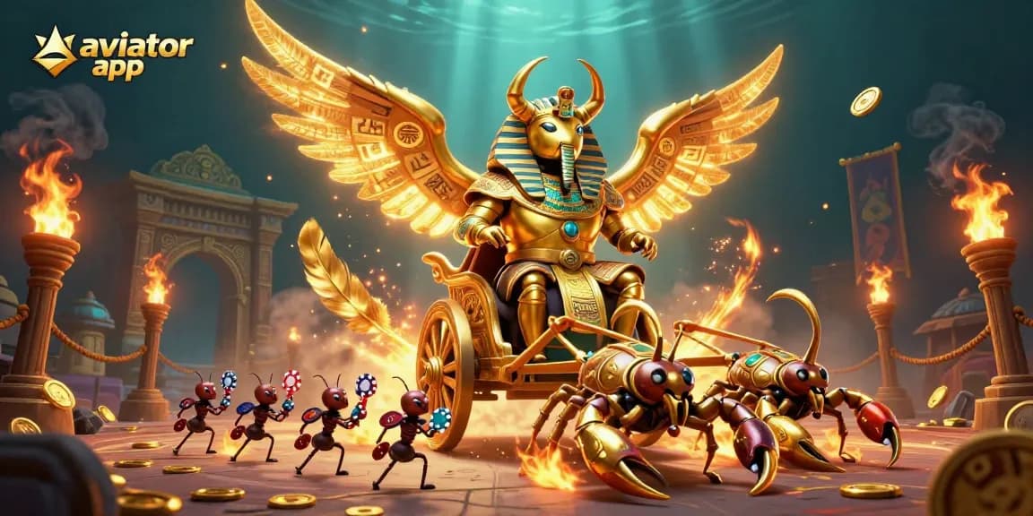 Win big with the aviator app featuring a golden scarab beetle and captivating casino elements.