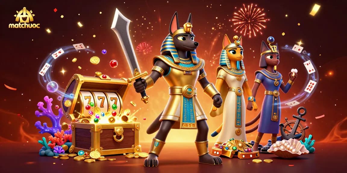 Win big with matchuoc in this vibrant 3D illustration showcasing casino elements and ancient spirits.