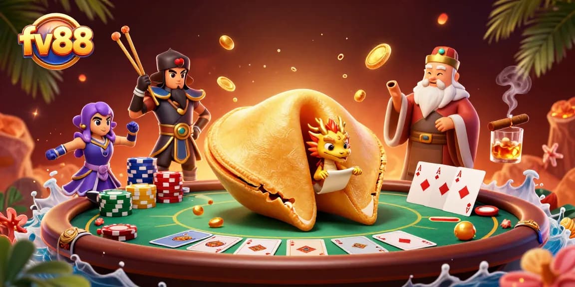 Experience the riches of fv88 as a tiny wise dragon reads fortunes inside a giant golden cookie surrounded by poker tables.
