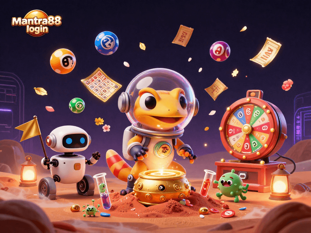 Experience the thrill of the mantra88 login as the Martian gecko uncovers a vibrant casino adventure in space.