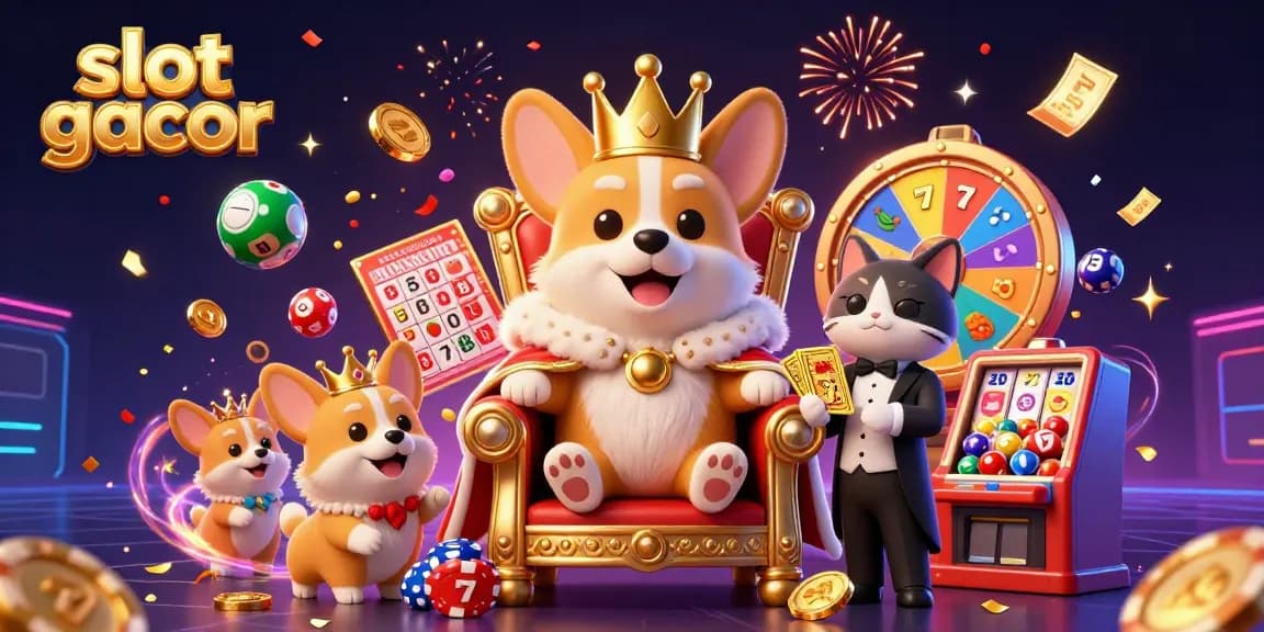 Spin to win with slot gacor-themed royal corgi illustration adorned with vibrant casino elements.