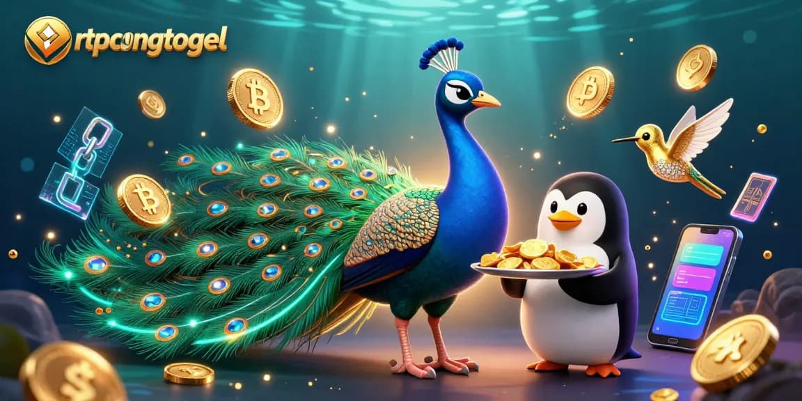 Engage with rtpcongtogel for vibrant casino action featuring an aristocratic peacock, a penguin, and crypto elements.